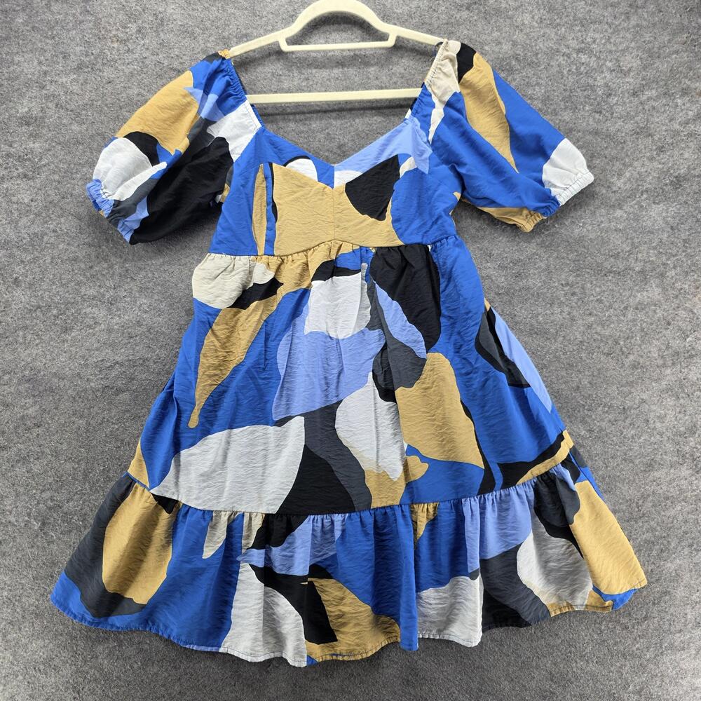 Nine West Dress Womens M Multicolor Smocked Fit & Flare V-Neck Puff Sleeve